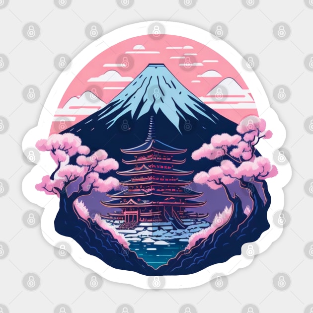 Symmetrical Japanese Pagoda, Mountain and Flowers Sticker by Lady Lilac